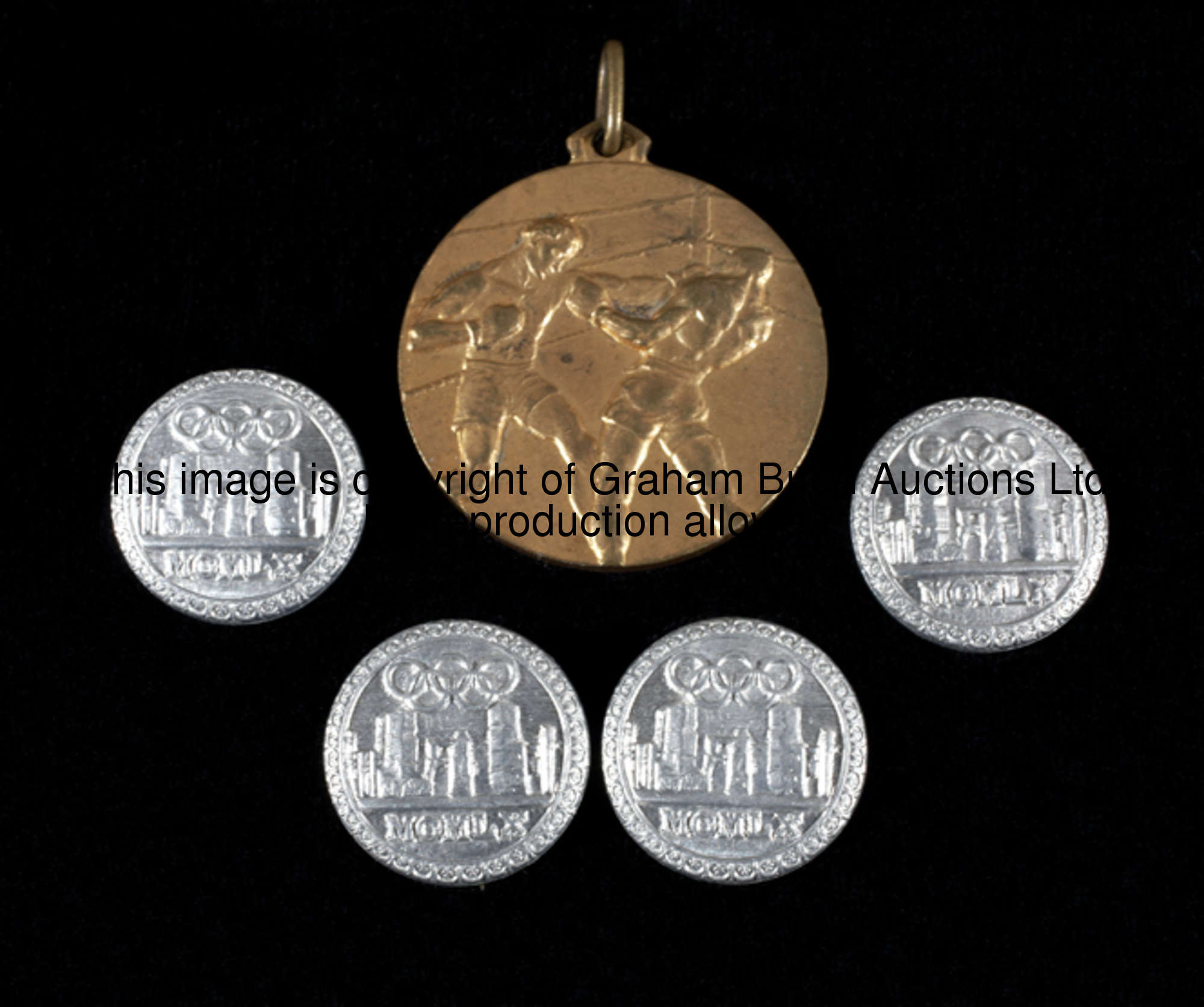 1960 Rome Olympic Games memorabilia, i) a silver-gilt medal cast with two fighting boxers, the rever...