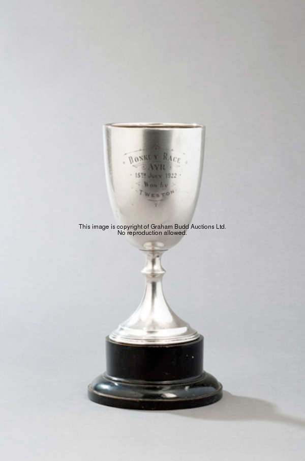 A trophy awarded to Tommy Weston for winning the Donkey Race at Ayr 15th July 1922, in the form of a...