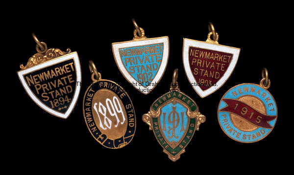 Six member's badges for the Private Stand at Newmarket racecourse, in gilt-metal & enamel, each insc...