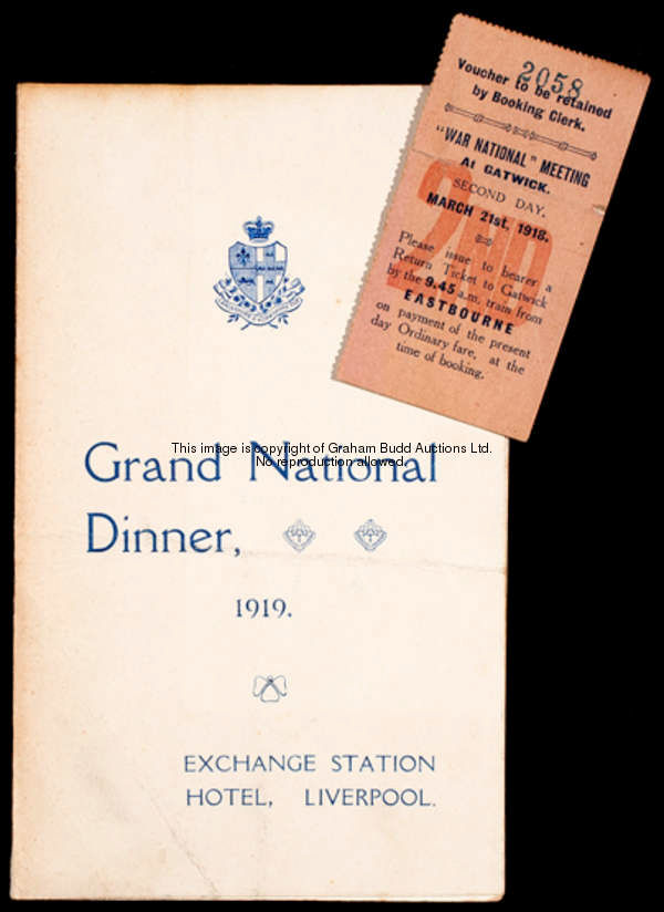 Poethlyn: 1918 & 1919 Grand National ephemera, comprising: a rail voucher for travel from Eastbourne...