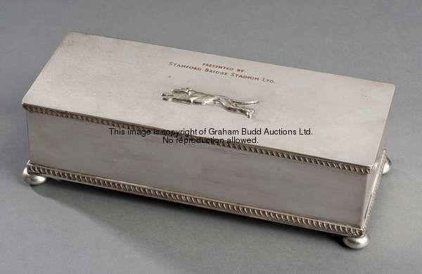 A greyhound racing trophy from Stamford Bridge circa late 1930s, in the form of a Sheffield silver p...