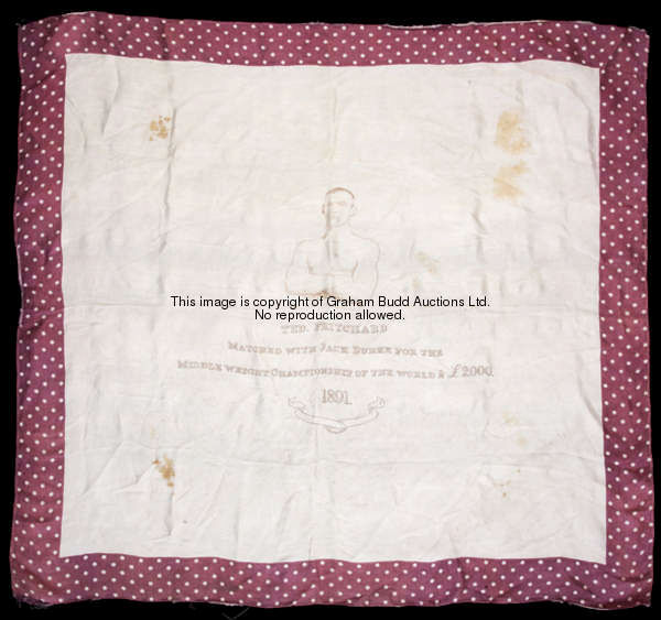 A boxing silk commemorating Ted Pritchard and his match with Jack Burke for the Middleweight Champio...