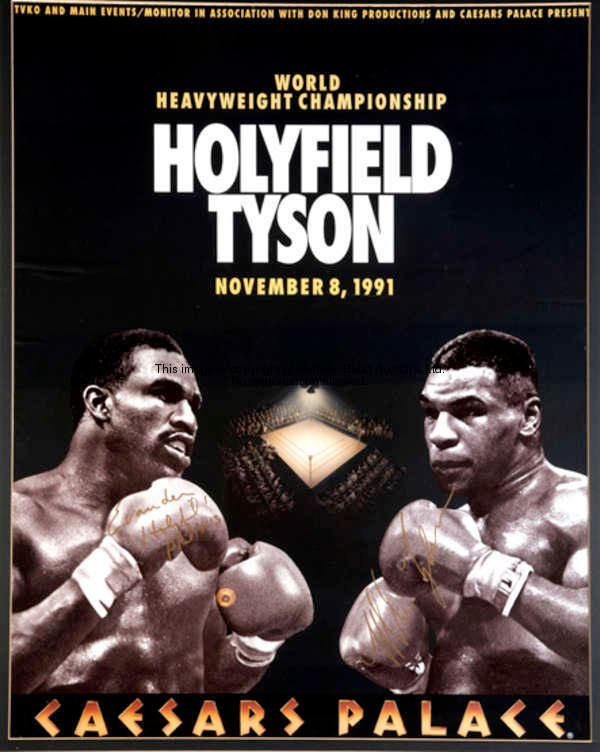 A double-signed promotional poster for the cancelled Evander Holyfield v Mike Tyson fight that had b...