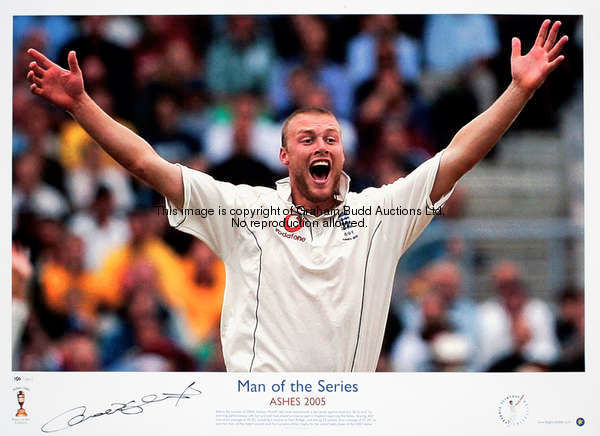 A pair of signed 2005 Ashes Series photographic prints of Michael Vaughan (captain) and Andrew Flint...