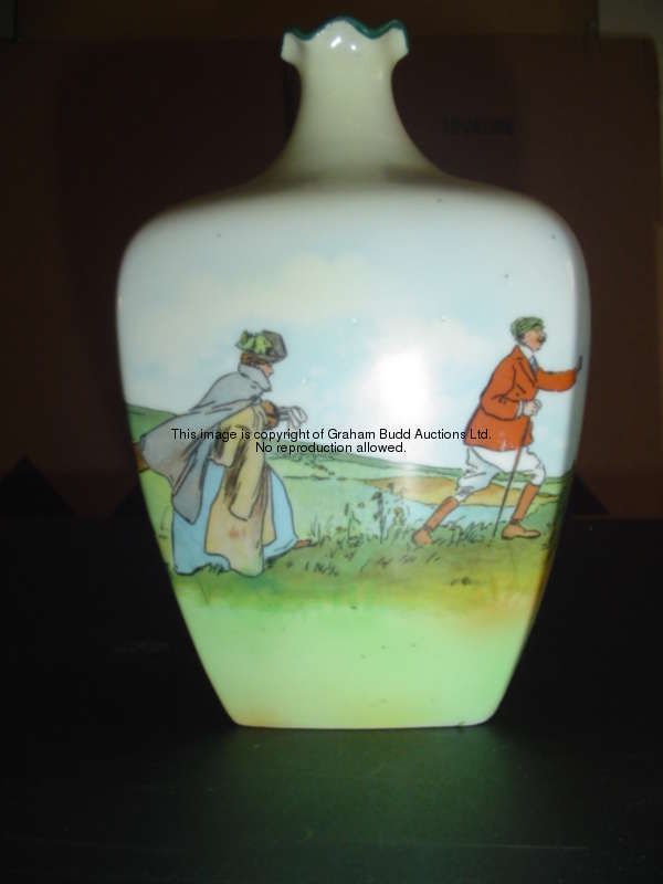 A 1920s ceramic vase with golfing scenes signed Brown, continuous colour decoration, height 18.5cm.,...