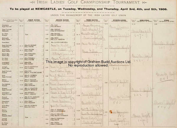 A printed draw for the Irish Ladies Golf Championship played at Newcastle 3rd-5th April 1906, this b...