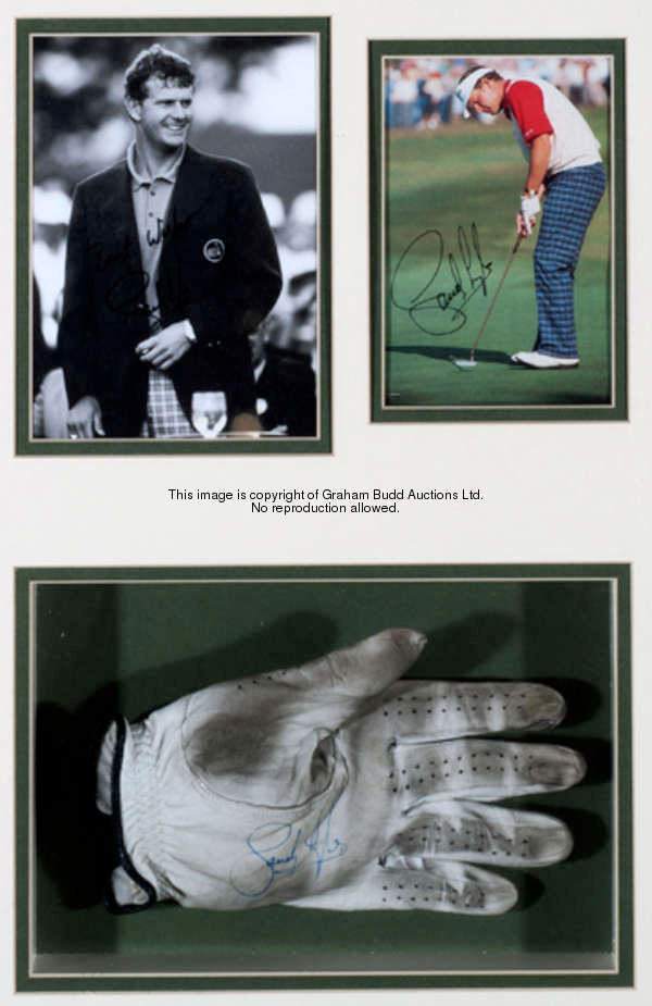 A signed Sandy Lyle glove and photographs display, 7 by 5in. & 6 by 4in. photos and glove all items ...