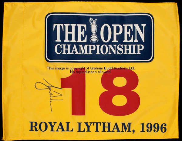 A Tiger Woods signed 1996 Open Championship Royal Lytham No.18 pin flag, signed in black marker pen ...