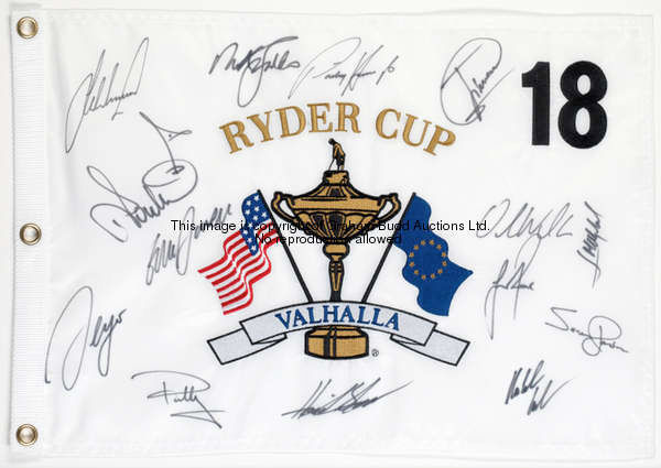 Souvenir Valhalla Ryder Cup 18th-hole pin flag fully-signed by the European Team, the signatures in ...