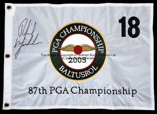 A 2005 PGA Championship Baltusrol 18th pin flag signed by the champion Phil Mickelson, signature in ...