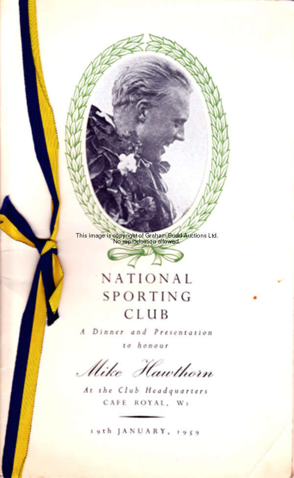 National Sporting Club dinner menu to Honour Mike Hawthorn 19th January 1959,  the front cover revea...