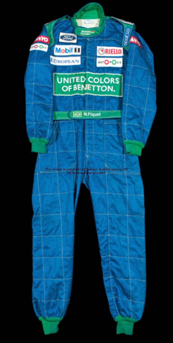 1990 Nelson Piquet Benetton Formula 1 race suit,  the belt bearing his initial and surname alongside...