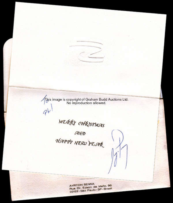 1990 Ayrton Senna-signed personal Christmas card, the all white card featuring an embossed Senna 'S'...