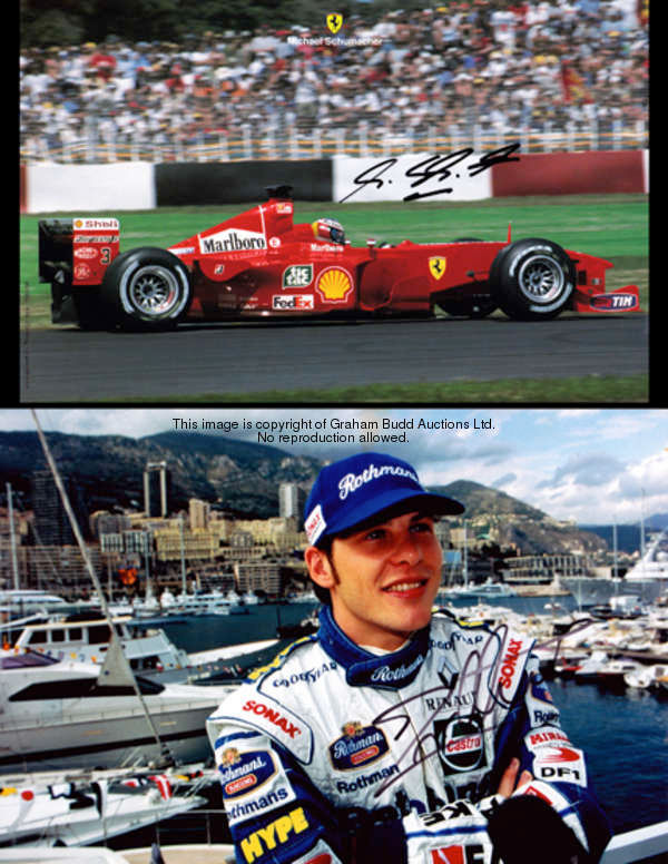 A small collection of Formula 1 driver-signed photographs, A Michael Schumacher-signed 11 by 7in. Sc...