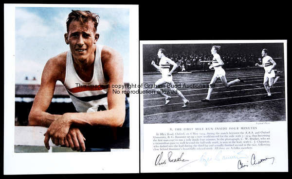 The signatures of Roger Bannister, Chris Brasher & Chris Chataway, signed on a picture of the three ...