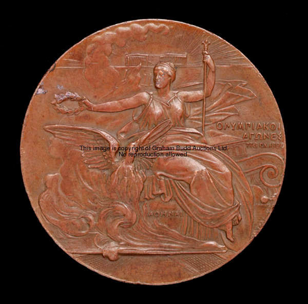 An 1896 Athens Olympic Games participation medal, in bronze, designed by N Lytras, struck by Honto-P...