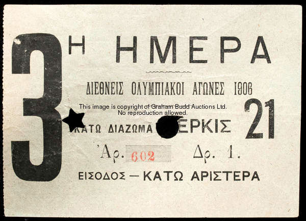 A scarce ticket for the 1906 Athens Intercalated Olympic Games, for the third day, ticket No.602, gr...