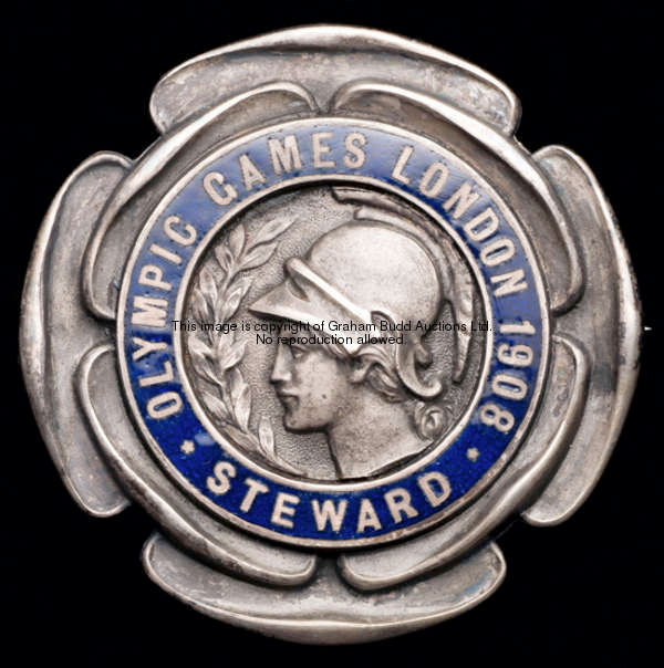 A 1908 London Olympic Games steward's badge, in silvered bronze & blue enamel by Vaughton's of Birmi...