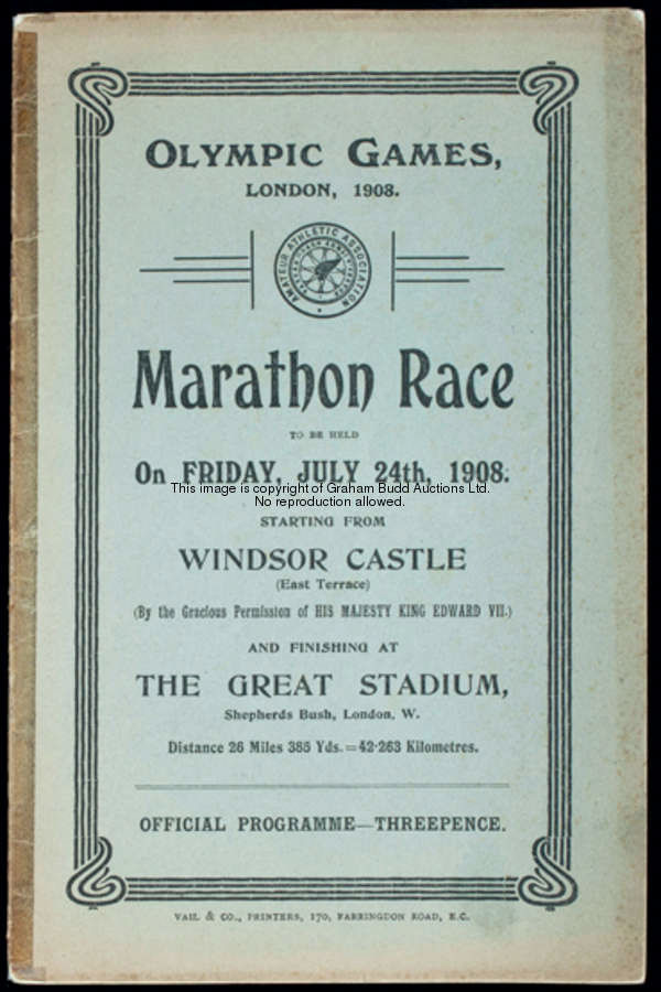 A rare programme for the marathon at the 1908 London Olympic Games, 16 pages, green stiff paper cove...