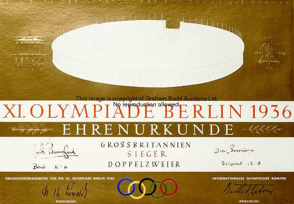 A 1936 Berlin Olympic Games gold medal winner's diploma awarded to the British rower Jack Beresford ...