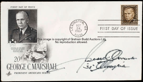 A Jesse Owens signed First Day Cover, dated 24th October 1967, General George C. Marshall, Prominent...