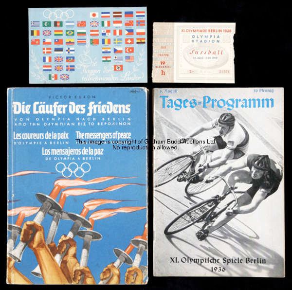 A collection of 1936 Olympic Games memorabilia, four medals/badges, comprising a bronze participatio...