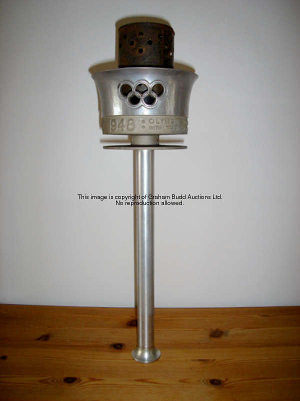 A 1948 London Olympic Games bearer's torch, designed by Ralph Lavers, aluminium alloy, the bowl pier...