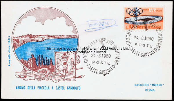 An Abebe Bikila signed 1960 Rome Olympic Games postal cover, dated 24th August 1960, signature in bl...