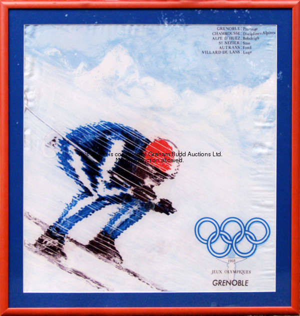 A ladies headscarf commemorating the 1968 Grenoble Winter Olympic Games, designed with a downhill ra...