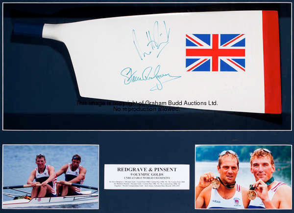 A Great Britain rowing blade signed by Sir Steve Redgrave and Matthew Pinsent, mounted together in a...