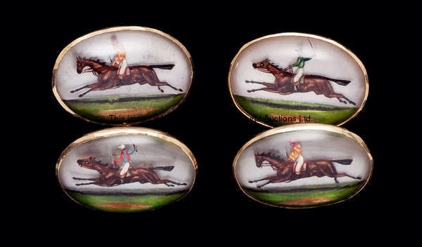 A cased pair of W. Thornhill & Co., London, gold & intaglio crystal cuff links portraying racehorses...