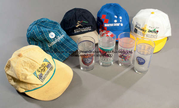 Souvenir racing glasses and baseball caps, glasses comprising: Breeders' Cup for 1989, 1993 (x2), 19...