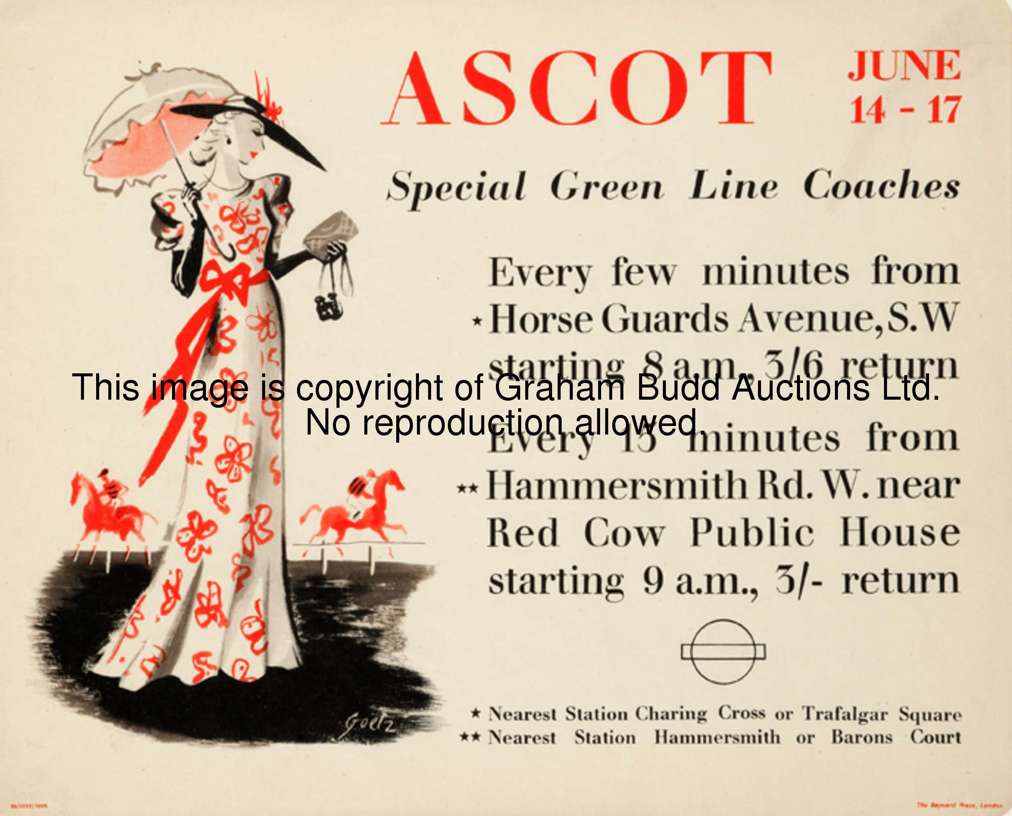 Walter Goetz (1911-1995) ASCOT JUNE 14-17 [1938] SPECIAL GREEN LINE COACHES signed in the plate, lit...