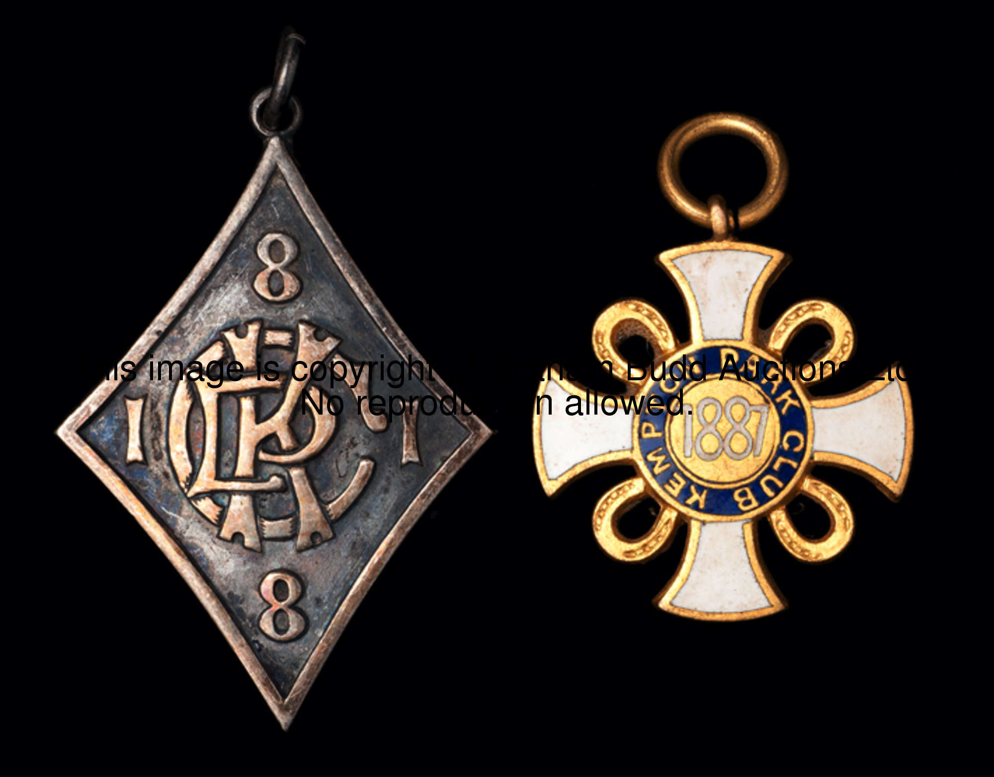 Two early member's badges for Kempton Park in 1881 & 1887, the first lozenge shaped in bronze, numbe...