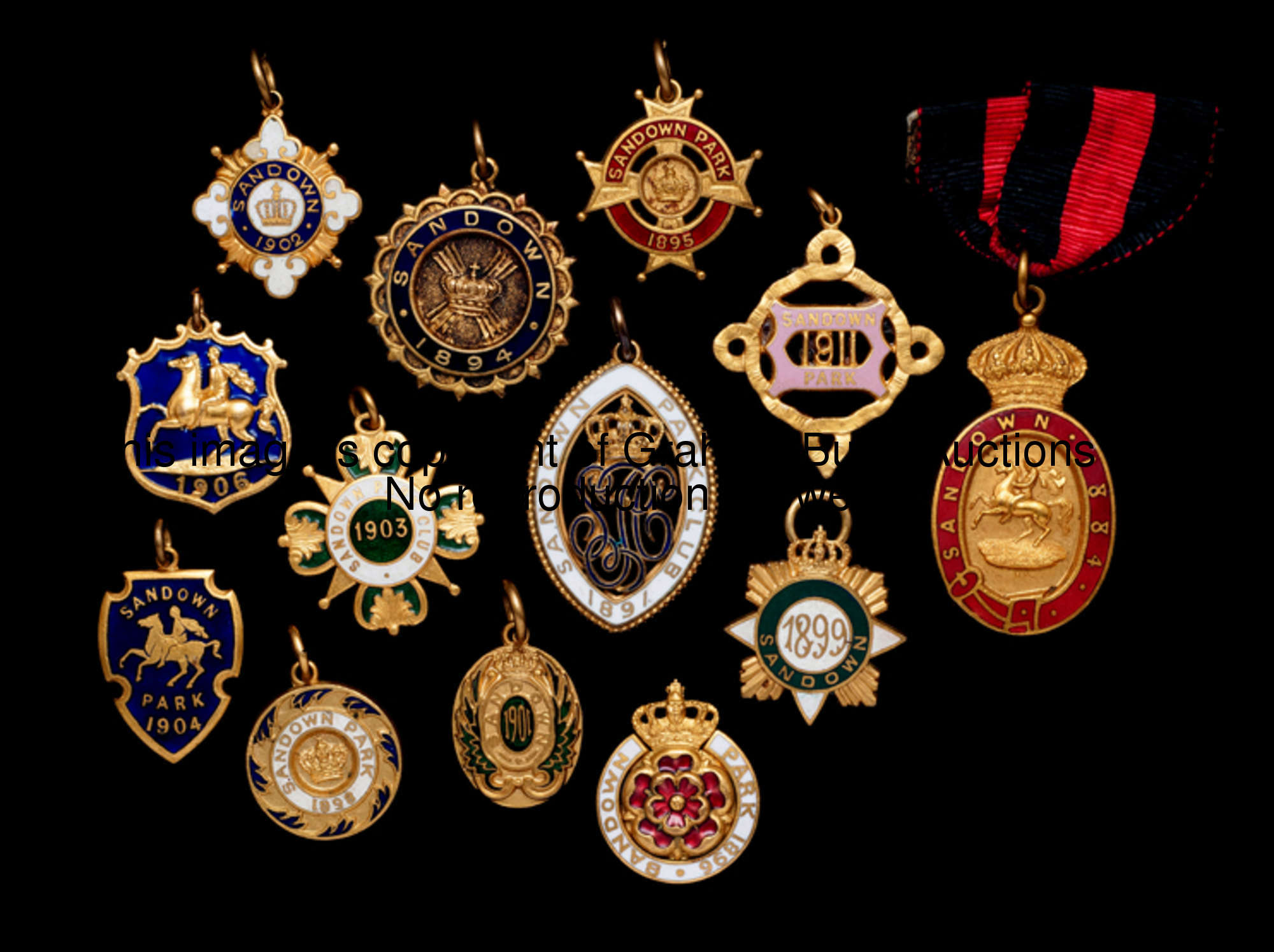 A fine group of 13 members' badges for Sandown Park racecourse, all in gilt-metal & enamel, for 1884...