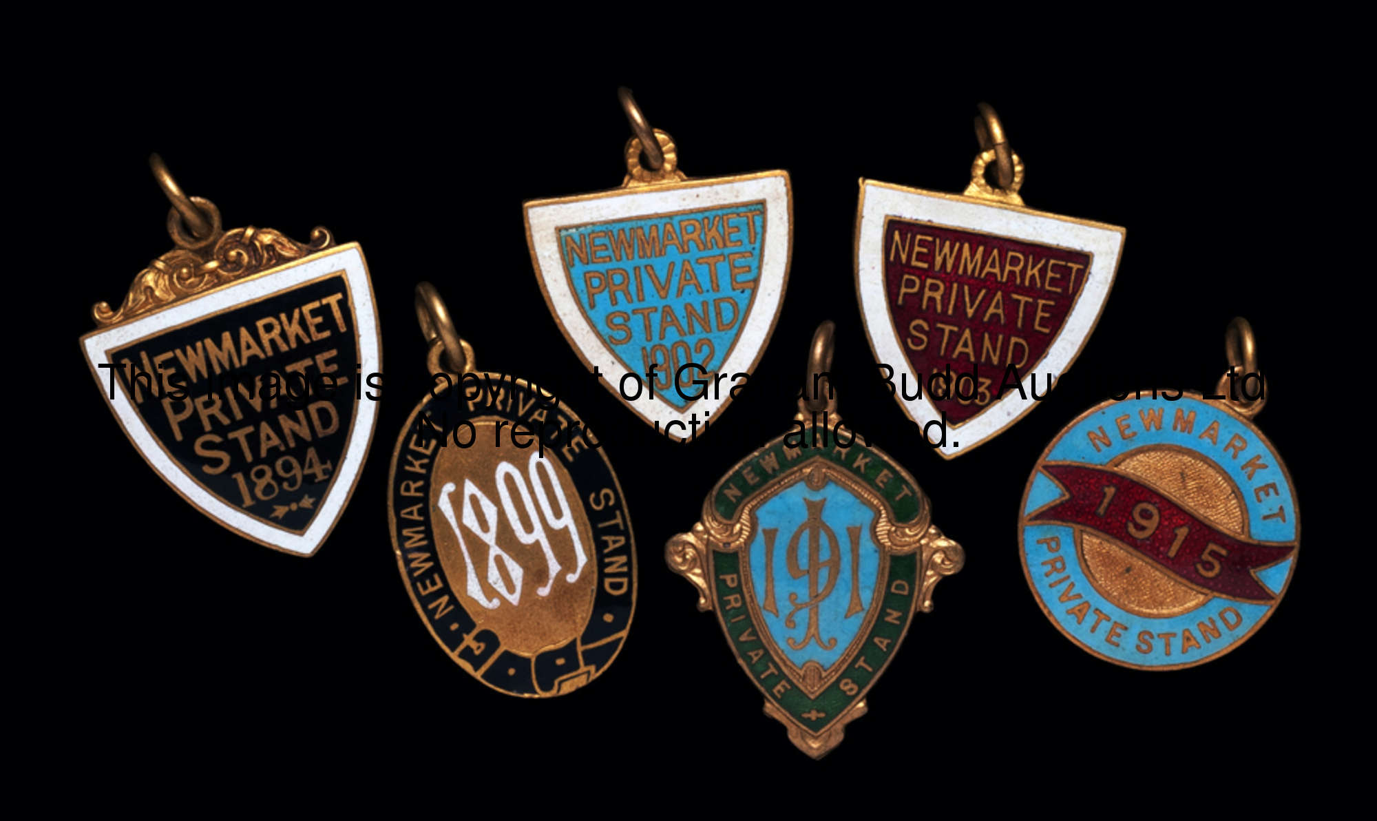Six member's badges for the Private Stand at Newmarket racecourse, in gilt-metal & enamel, each insc...