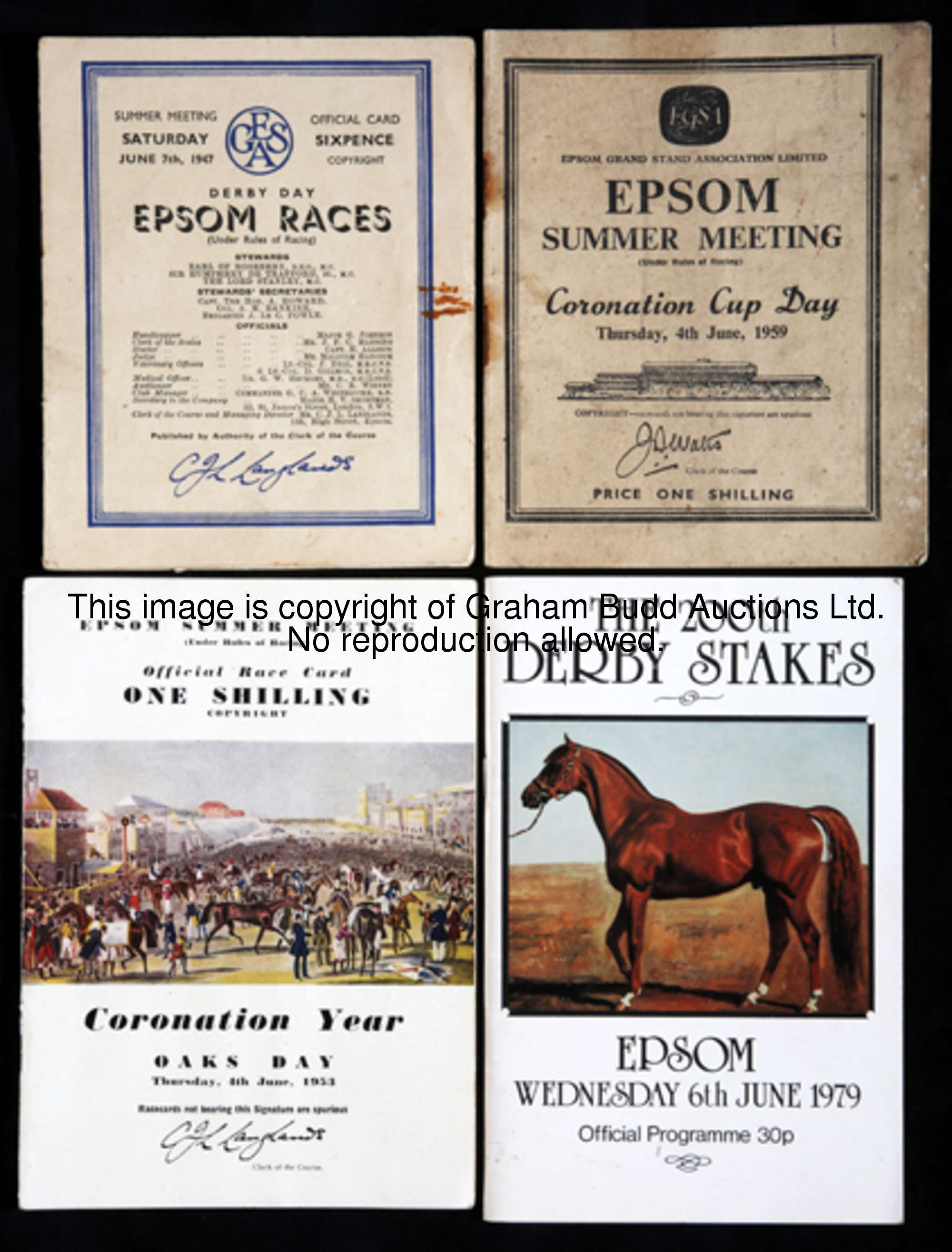 A collection of Epsom racecards for the Derby, Oaks and Coronation Cup, Derby comprising 1947, 1962 ...