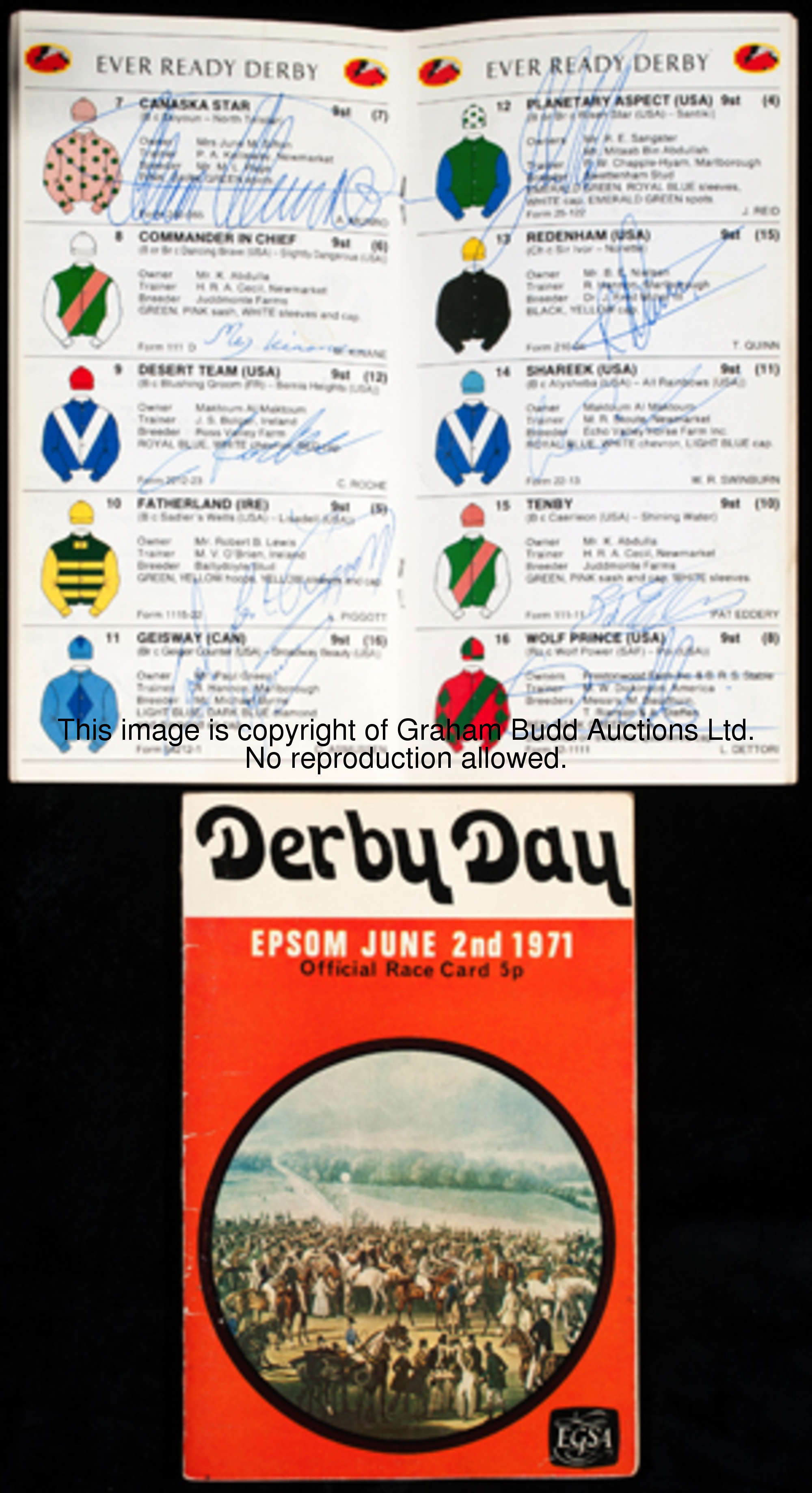 A collection of 10 racecards including Mill Reef's 1971 Derby and a 1993 Derby card fully signed by ...