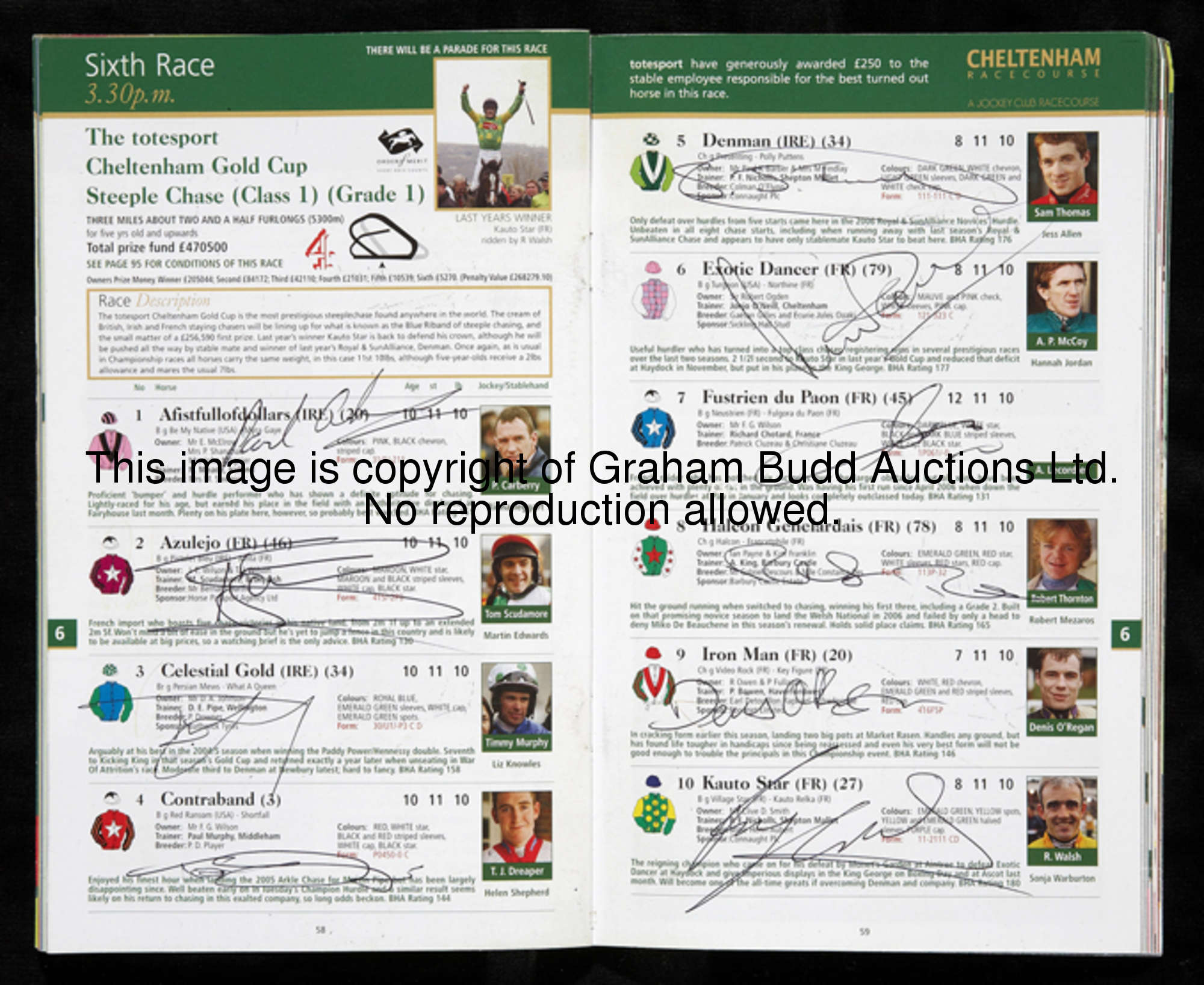 3 signed Cheltenham Gold Cup racecards, for 2005 (Kicking King), 2006 (War of Attrition) & 2008 (Den...