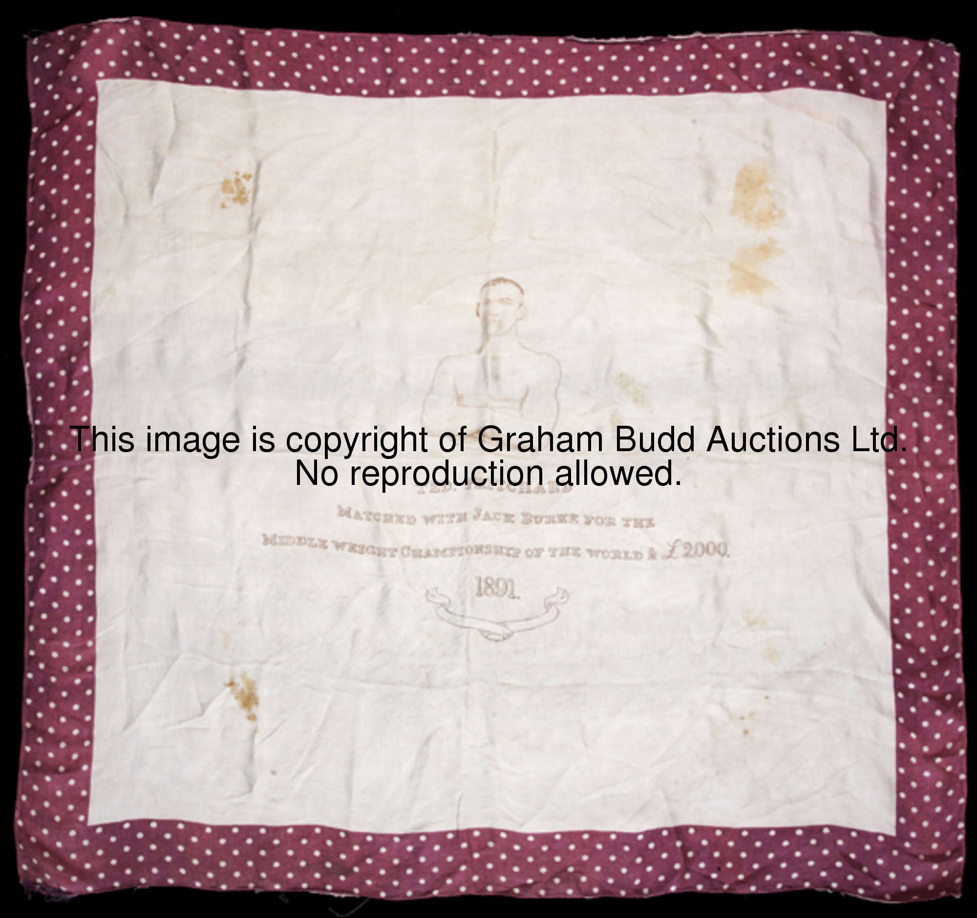 A boxing silk commemorating Ted Pritchard and his match with Jack Burke for the Middleweight Champio...