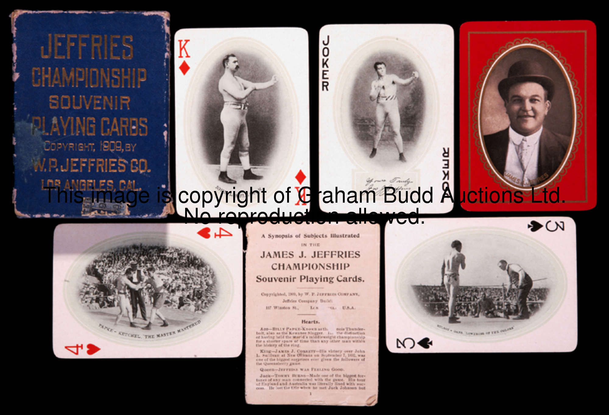 Jeffries Championship Souvenir Playing Cards, copyrighted in 1909 by W.P. Jeffries Co., Los Angeles,...