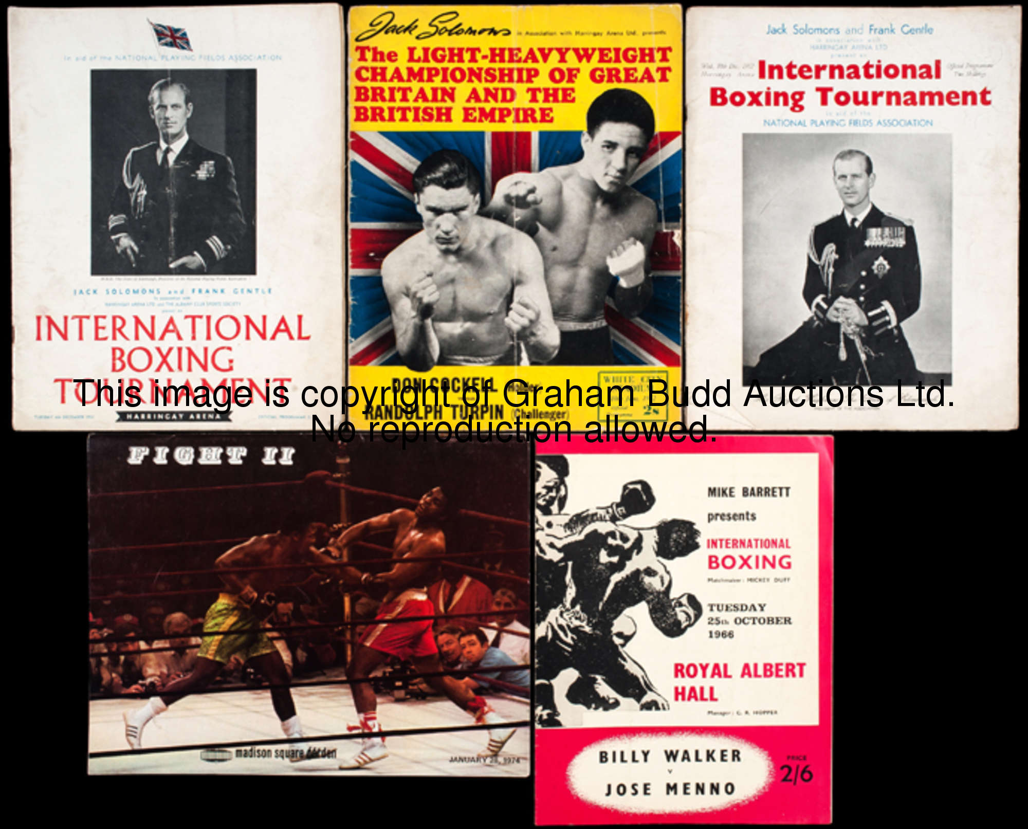 A collection of boxing programmes dating from the 1950s onwards, the lot including Frazier v Ali Fig...