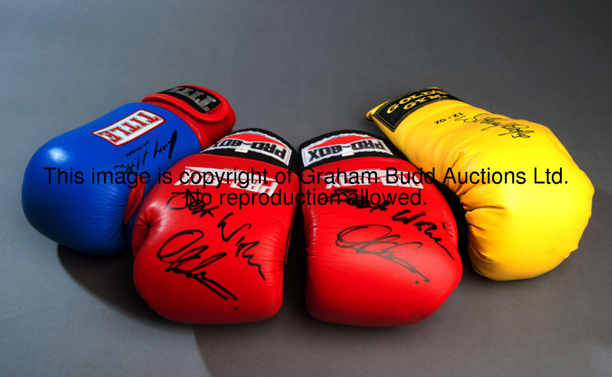 A group of four boxing gloves signed by British boxing champions, comprising: a Gold's Gym right-han...