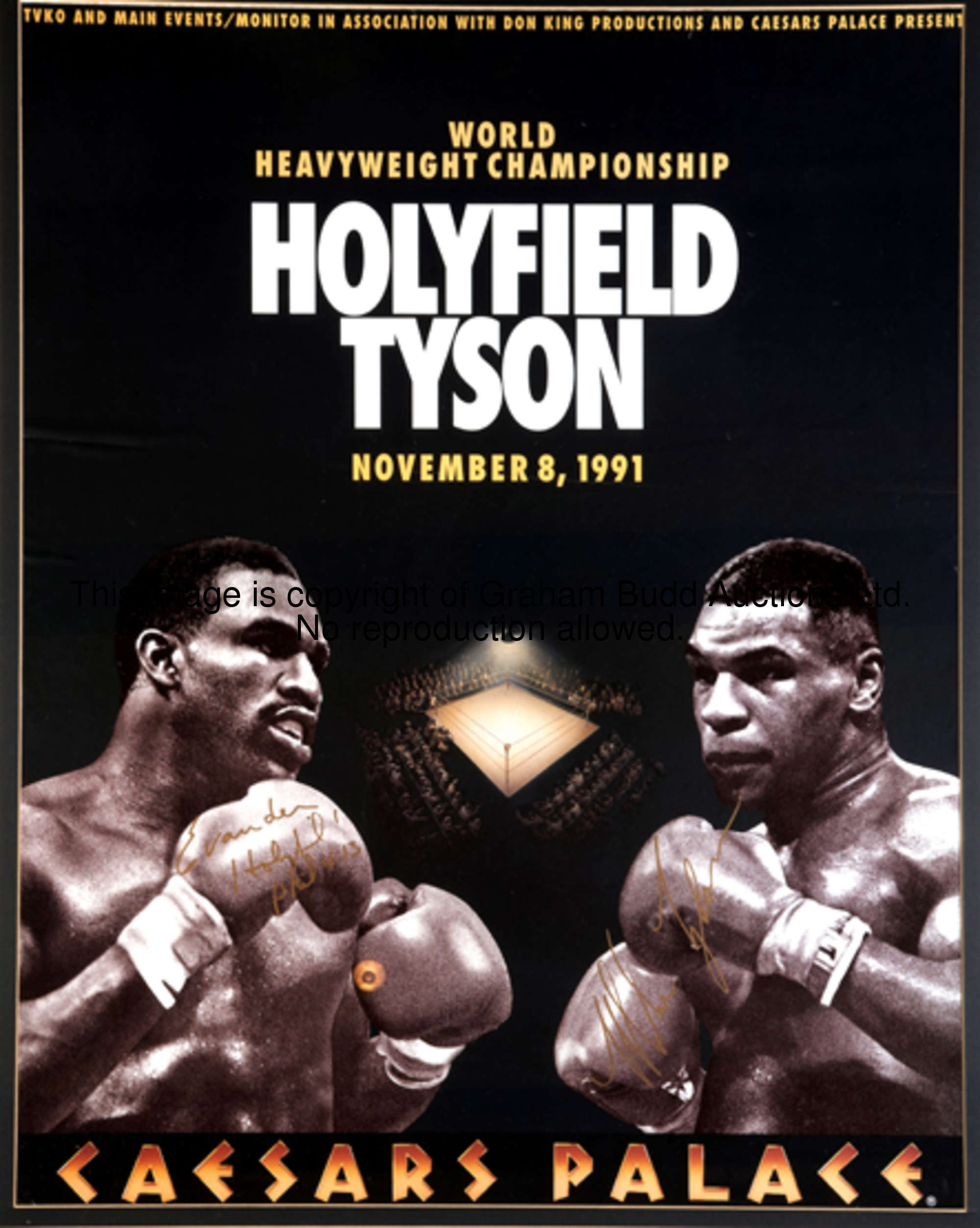 A double-signed promotional poster for the cancelled Evander Holyfield v Mike Tyson fight that had b...