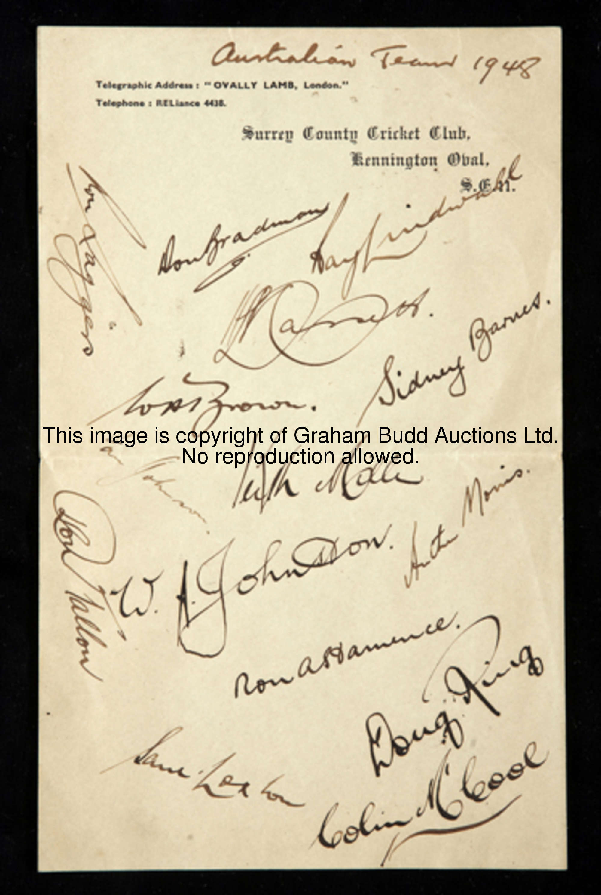 The signatures of the 1948 Australians on Surrey County Cricket Club headed notepaper, in ink, signe...