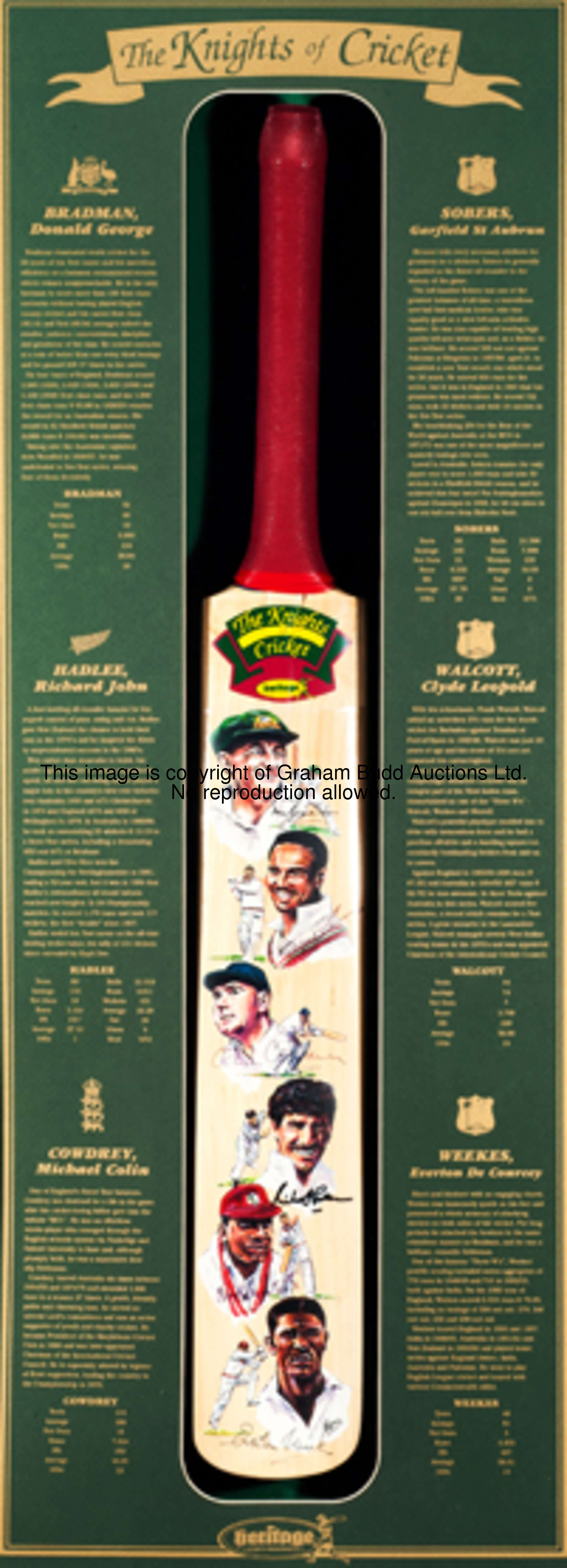 'The Knights of Cricket' autographed cricket bat, the bat with autographed artist's portrait prints ...
