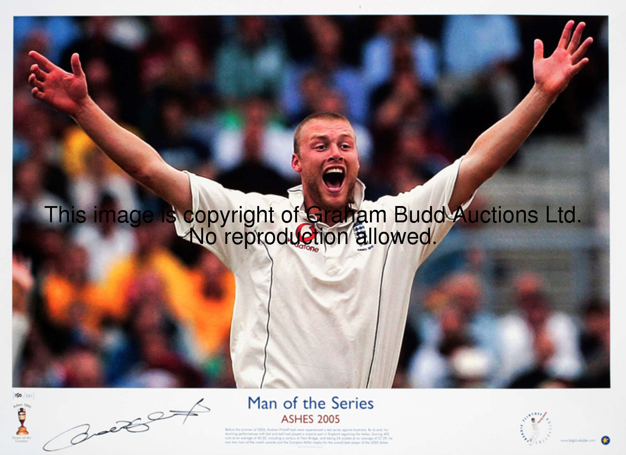 A pair of signed 2005 Ashes Series photographic prints of Michael Vaughan (captain) and Andrew Flint...
