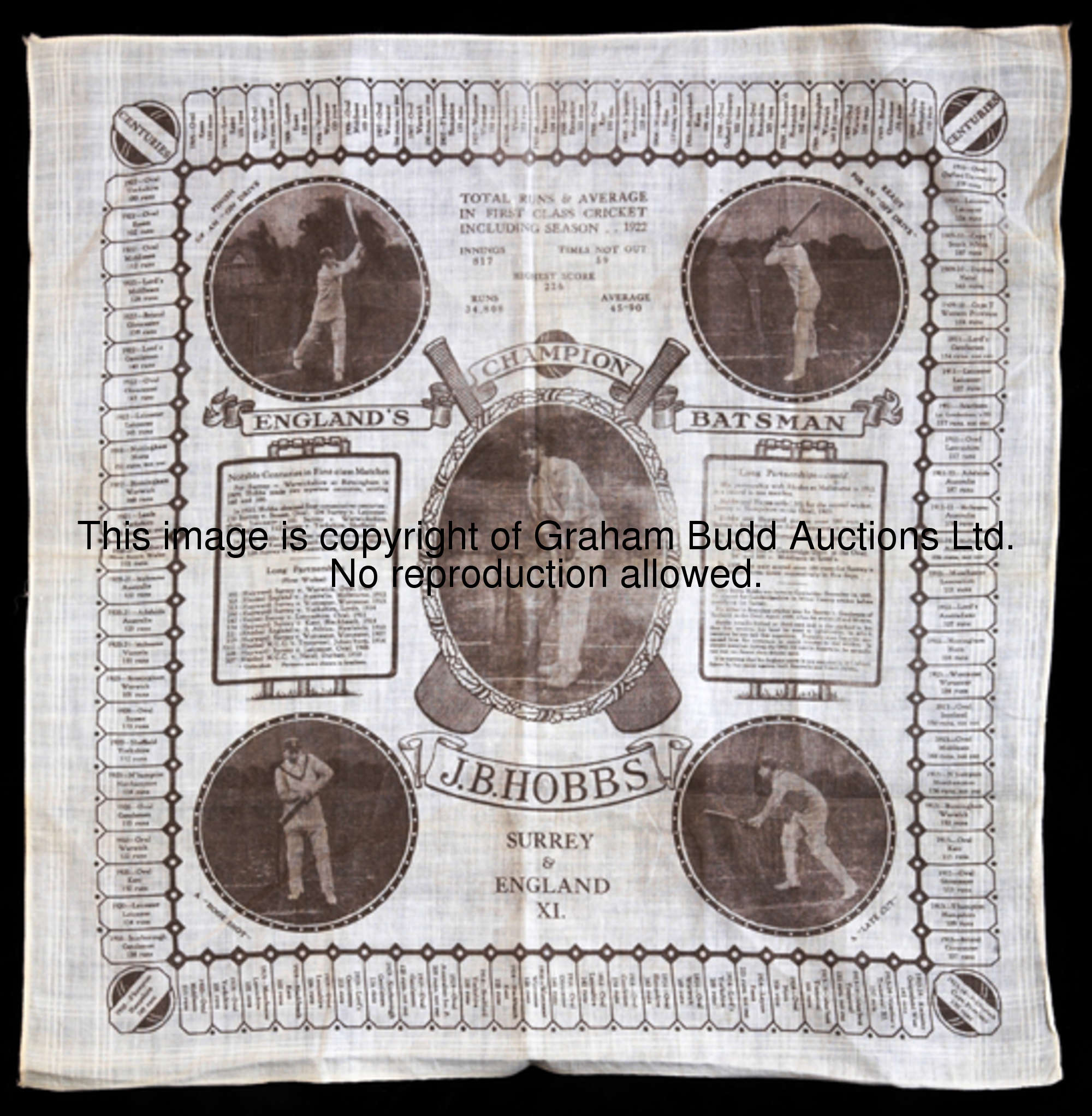 A gentlemen's handkerchief produced in 1922 and detailing the career of the cricketer J B Hobbs to t...