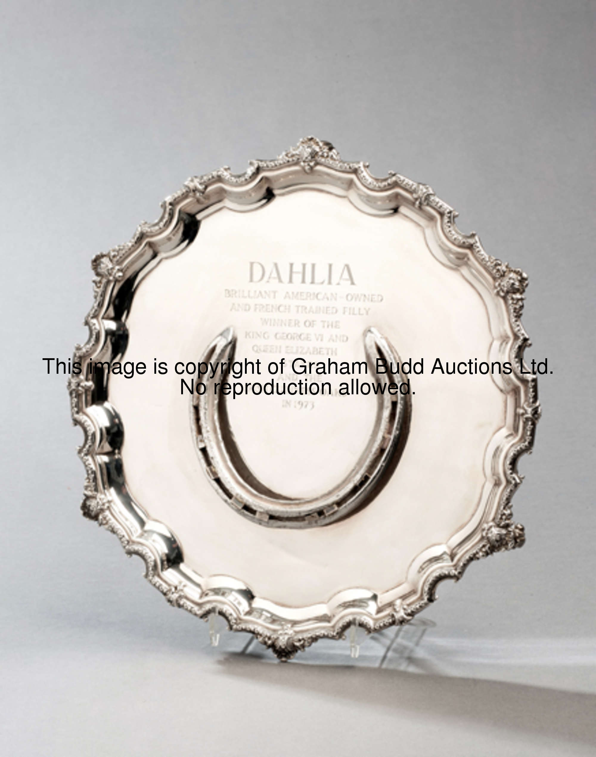 A silver-mounted Dahlia racing plate, the plate in a raised setting on a silver salver hallmarked J ...