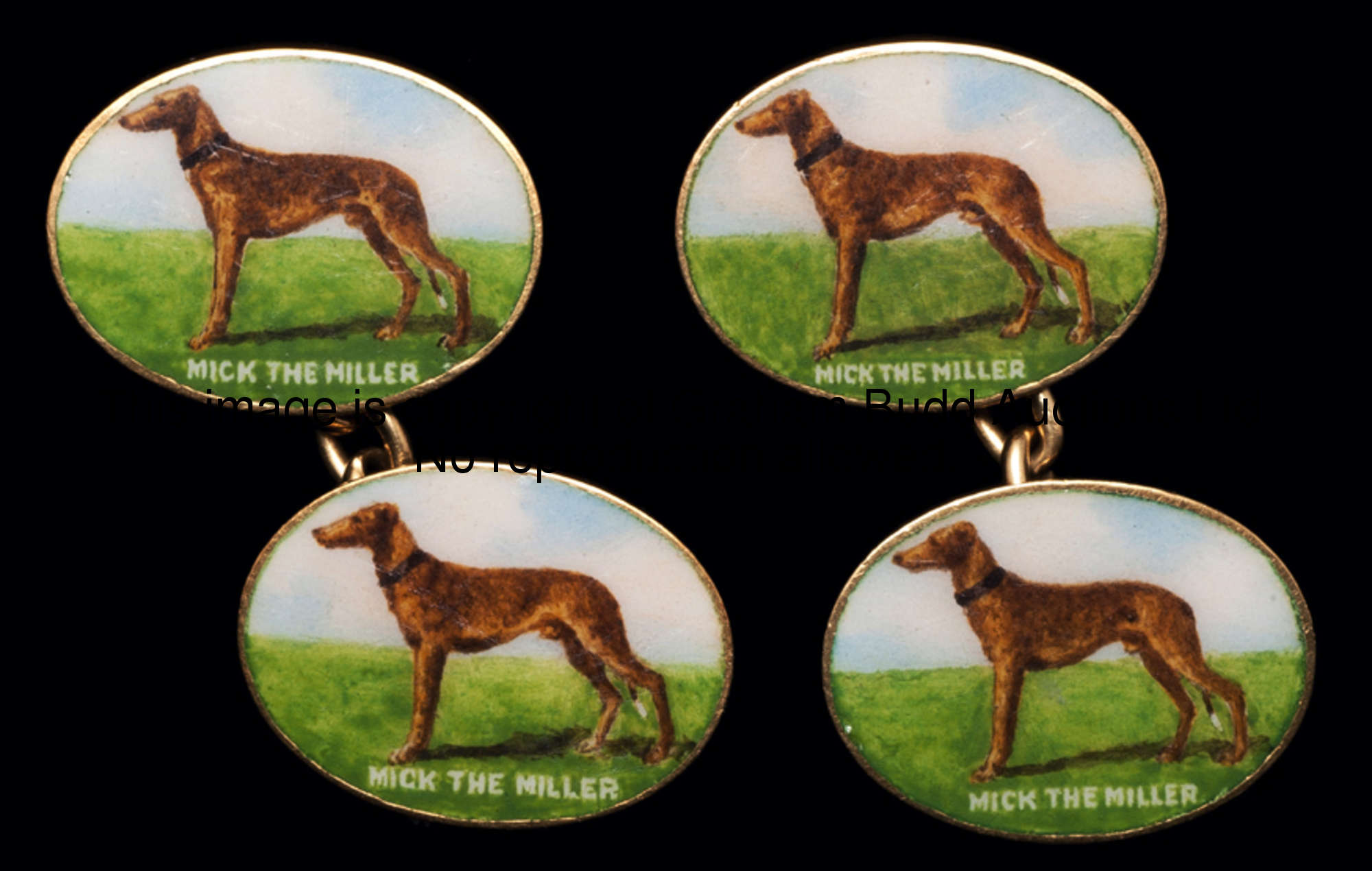 A cased pair of 18ct. gold and enamel gentlemen's cuff links portraying the champion greyhound Mick ...